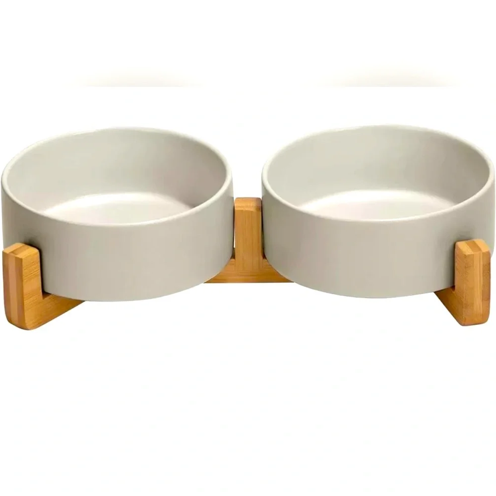 SPUNKYJUNKY Ceramic Dog and Cat Bowl with Wood Stand Non-Slip